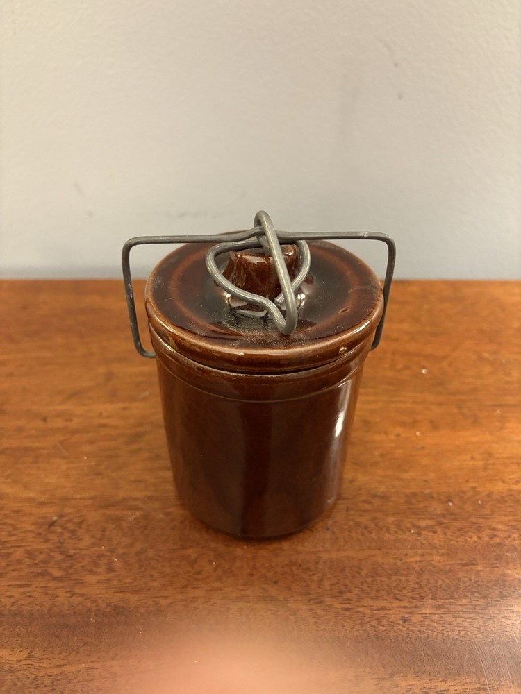 Vintage Brown Glazed Cheese & Butter Crock Jar w/ Locking Wire Bail Lid 5