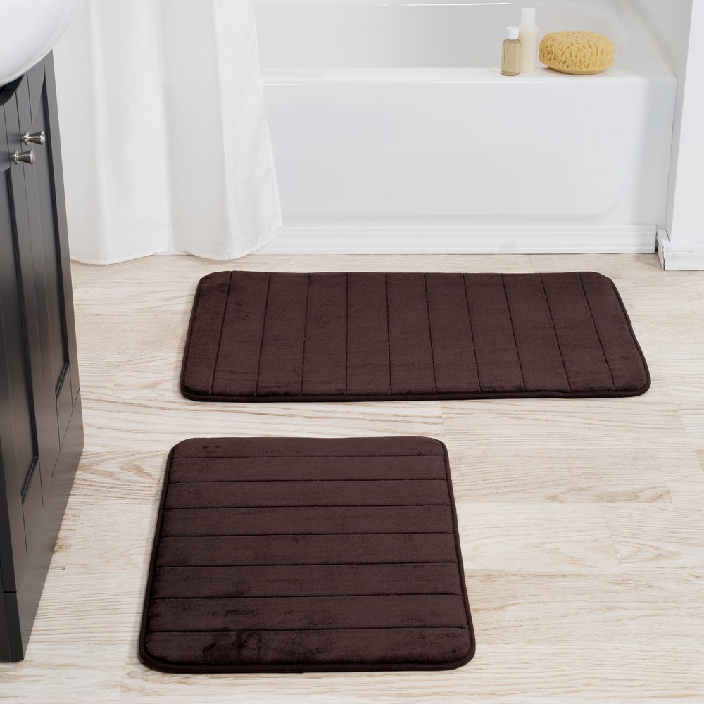 Bathroom Rug Set-2-Piece Memory Foam Bathmats-Striped Microfiber Top-Non-Slip...