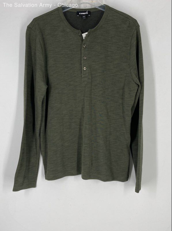 Express Mens Olive Green Long Sleeve Stretch Henley T-Shirt Size Medium