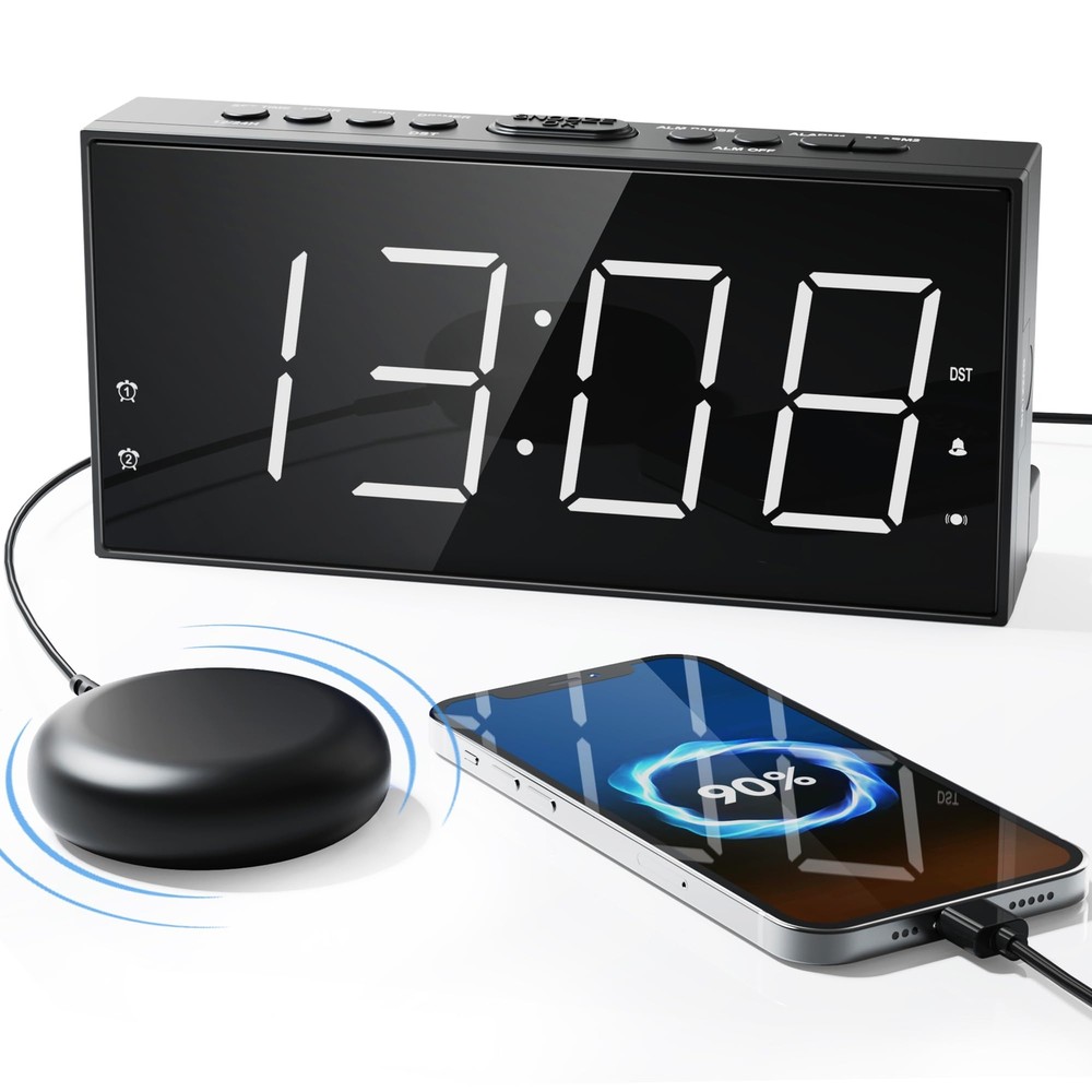 Vibrating Alarm Clock with Bed Shaker for Heavy Sleepers - Extra Loud Dual Alarm