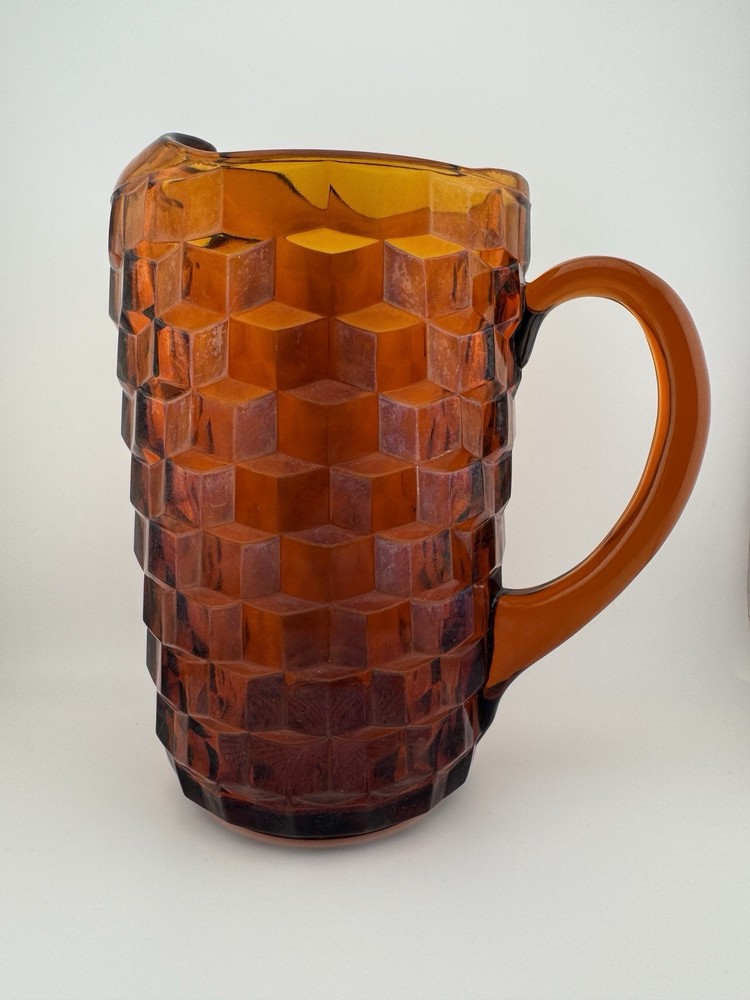 Vintage American Clear By Fostoria Large Amber Glass Pitcher Cube Pattern