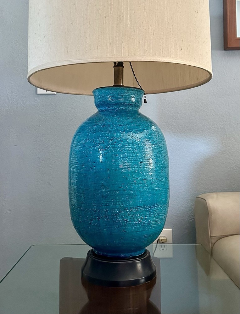 Vintage Aldo Londi Bitossi Blue Textured Ceramic Lamp 32”