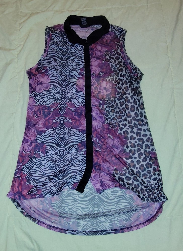 rue21 Medium Zebra Leopard Floral Print Button Up Vest Pink Purple Open Back
