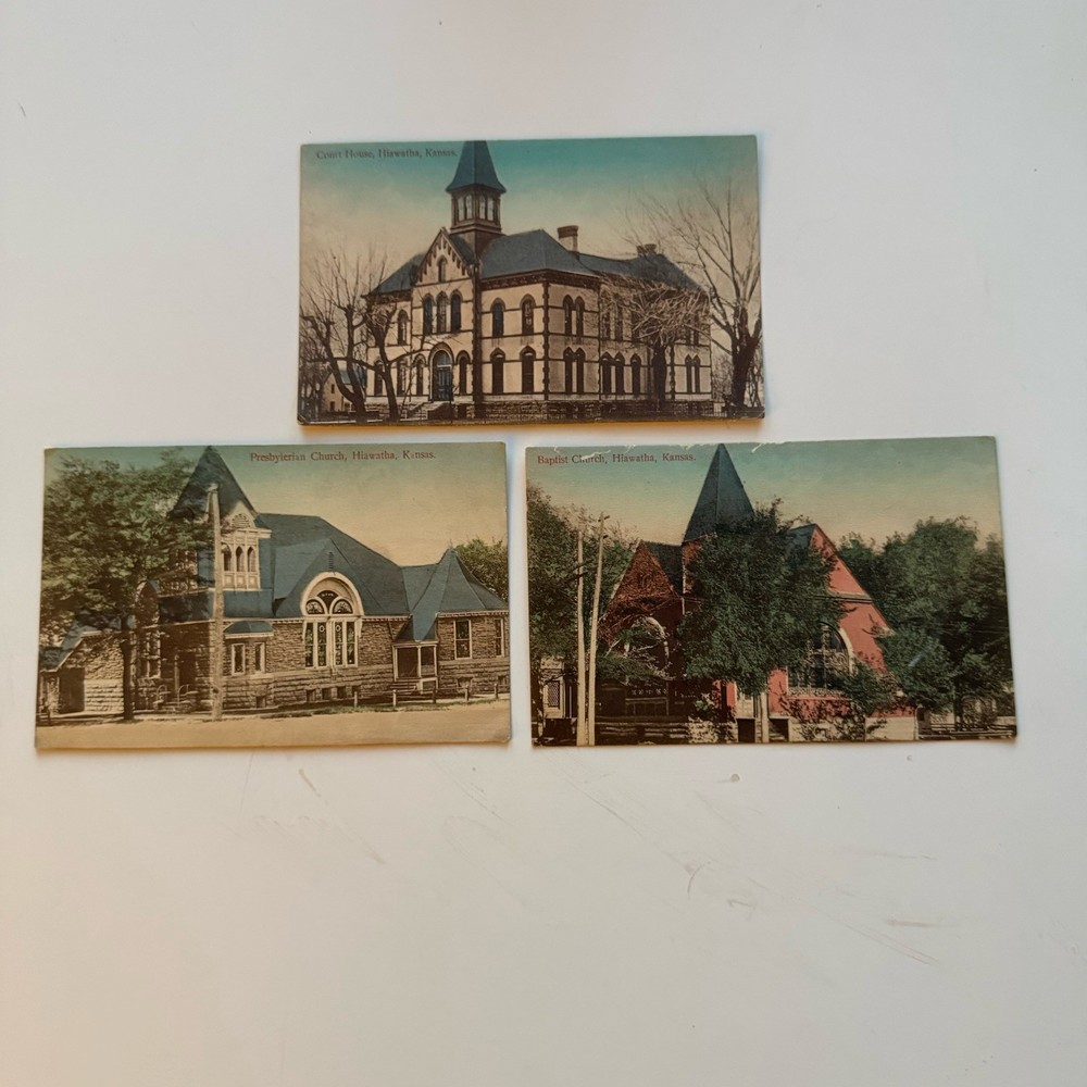Vintage Hiawatha Kansas Postcards – Courthouse & Churches Early 1900s Lot of 3