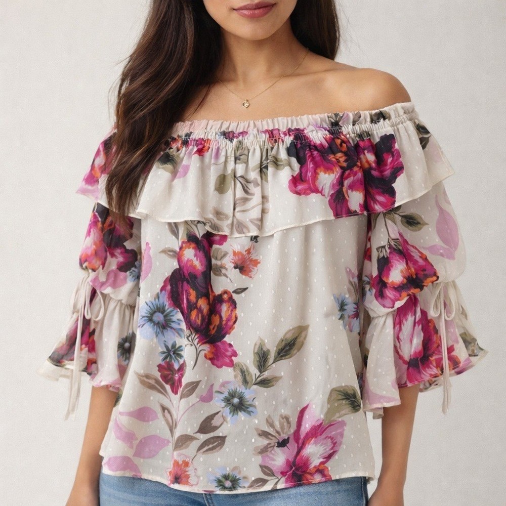 White House Black Market Off Shoulder Floral Ruffle Sleeve Blouse XS Boho Boho