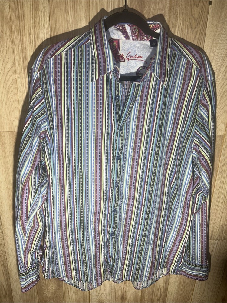 Robert Graham Flip Cuff Shirt Mens Large Striped Button Down Long Sleeve Casual