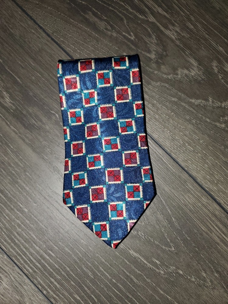 VINTAGE Christian Dior Men's Blue Geometric Squares Silk Neck Tie