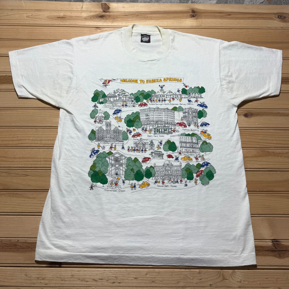 Vintage 80s Eureka Springs Arkansas Map Graphic Tourist T-Shirt USA Made Size XL