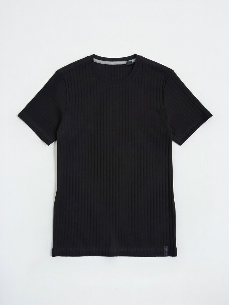 Perry Ellis BYTECH Men's Black Striped Knit T-Shirt Crew Neck Short Sleeve M