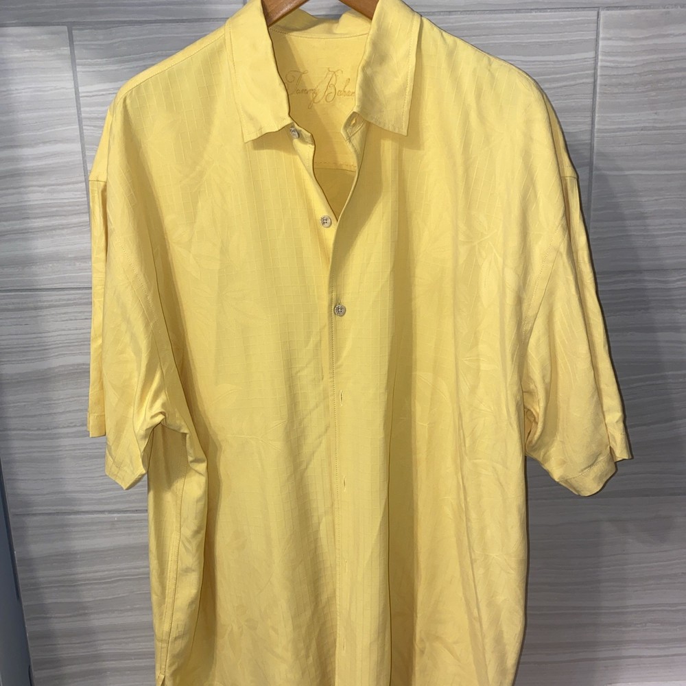 Tommy Bahama Shirt Men's XXL Yellow 100% Silk Button-up Short Sleeve Casual