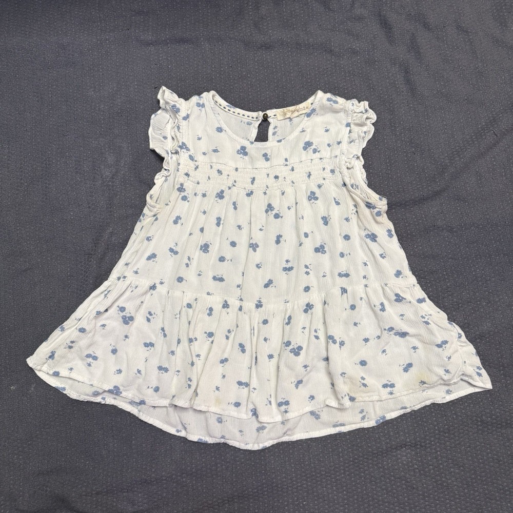 Rewind Flowy Blouse Top Women Size S Tried White Blue Floral Pattern Round Neck