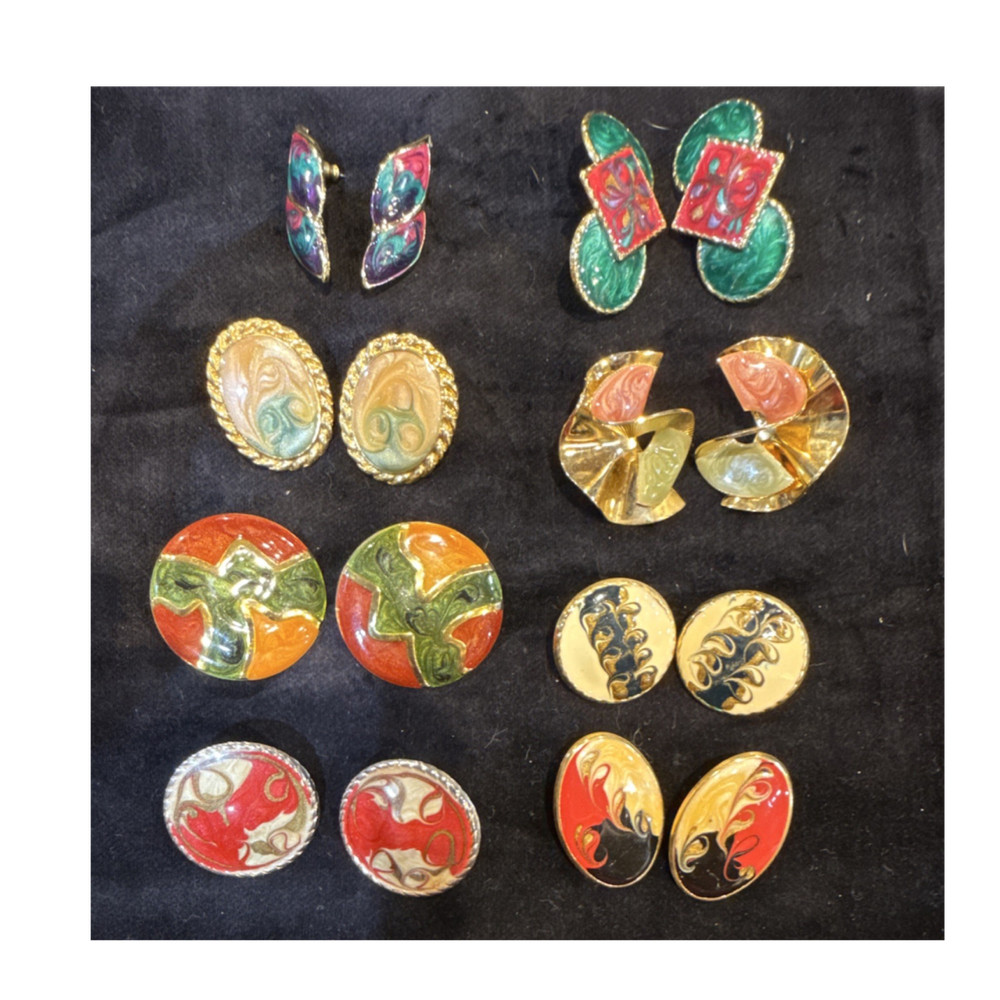 Vintage Enamel & Metal Earrings for Pierced Ears 8 Sets Multicolor Women