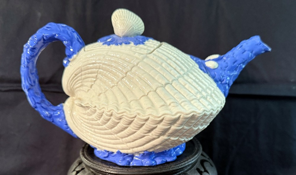 William Brownfield & Sons Parianware White & Blue Cockle Shell Teapot ca 1883