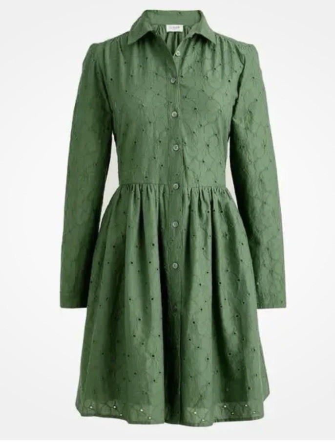 J.Crew Eyelet Mini Shirt Dress Long Sleeve Cotton Pockets Preppy Green US 10
