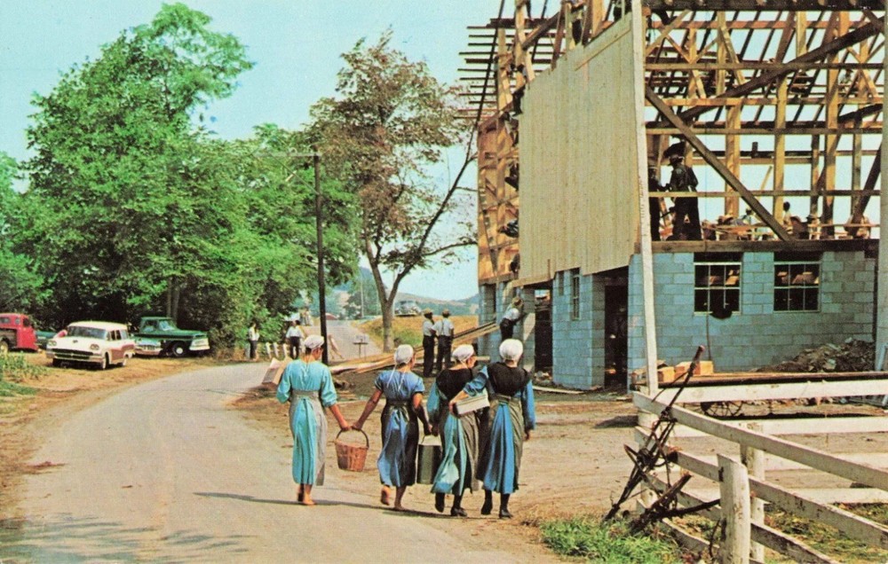 An Amish Barn-Raising - Lancaster Pennsylvania PA - Postcard