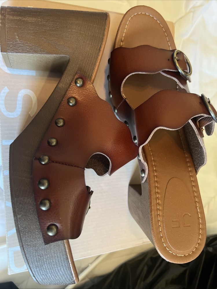 JUSTFAB KACIE Studded Brown Leather Heeled Sandals Women US 11 New in Box