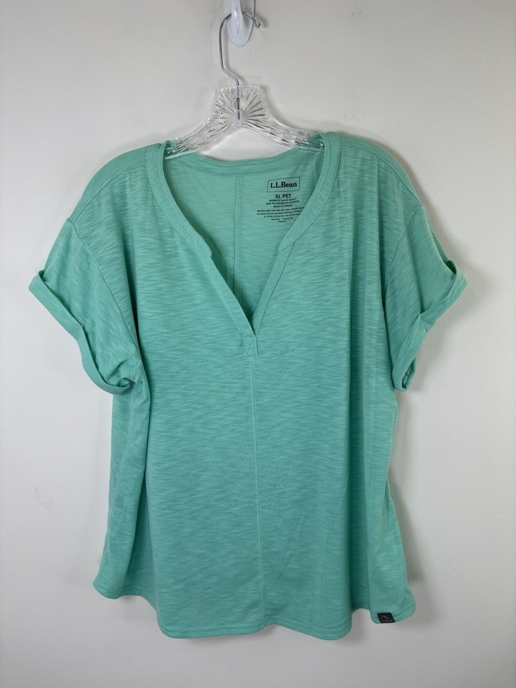 Ll Bean Top Tunic Women’s Mint Green XL Petite Cuffed Short Sleeve V-Neck