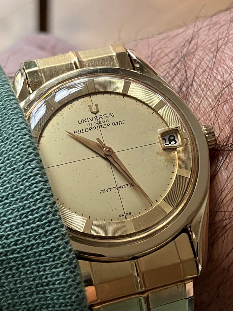 Universal Geneve Polerouter Auto Date GP 35mm case brclt (NOS) champ dial