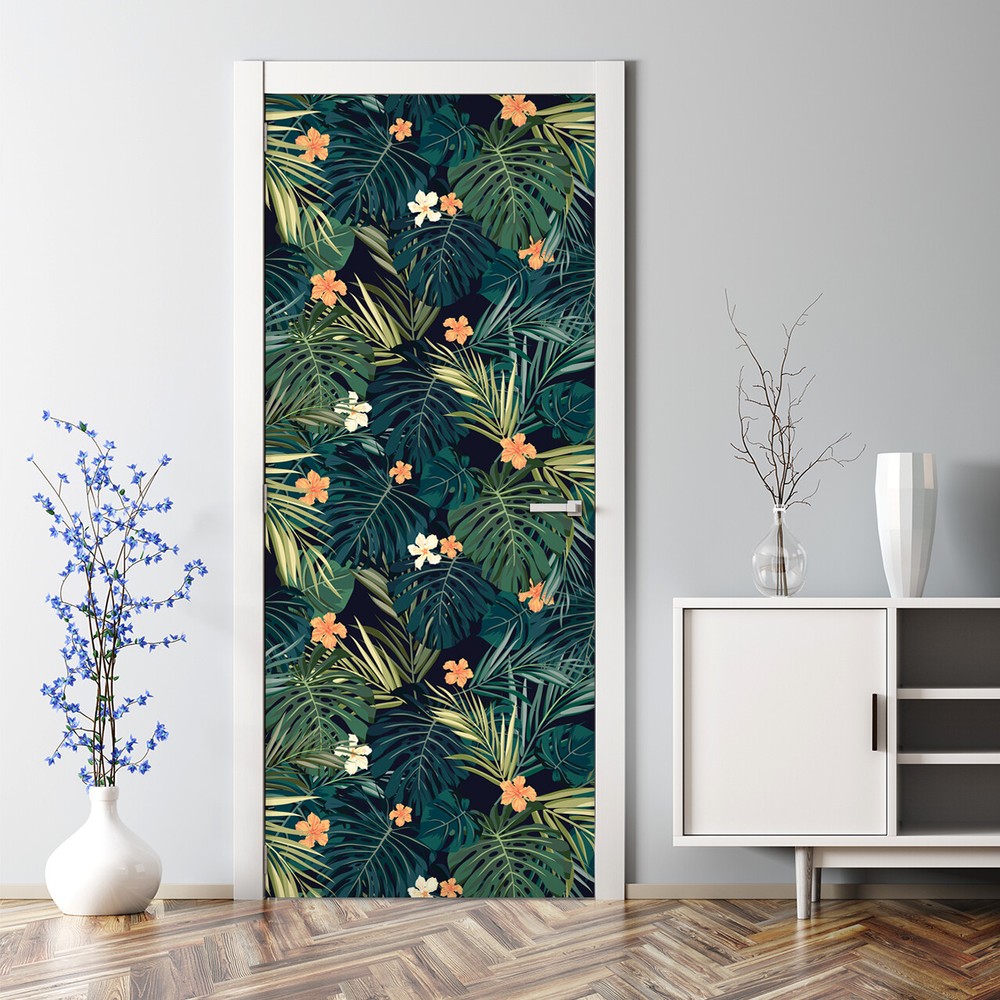 Removable Door sticker Dark tropical Exotic flowers and leaves self adhesive art