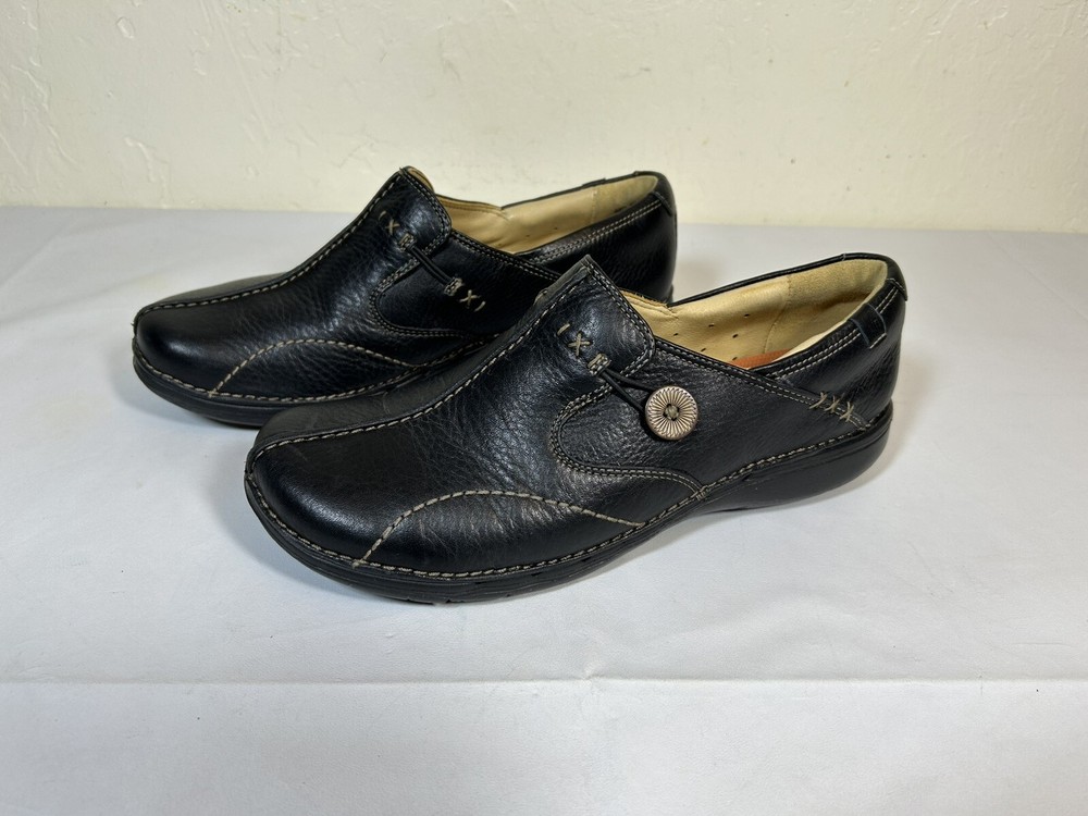 Clarks Un Loop Unstructured Loafers Womens Size 9.5M Black Leather Comfort Shoes