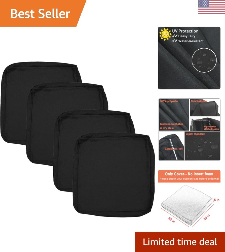 Waterproof Outdoor Couch Cushion Slipcovers - 25x25x5, Set of 4 Black Covers