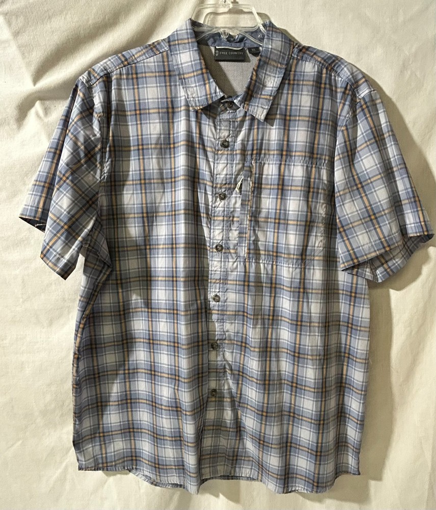 Free Country Shirt Mens XL Blue Plaid Short Sleeve Button Up Vented Breathable
