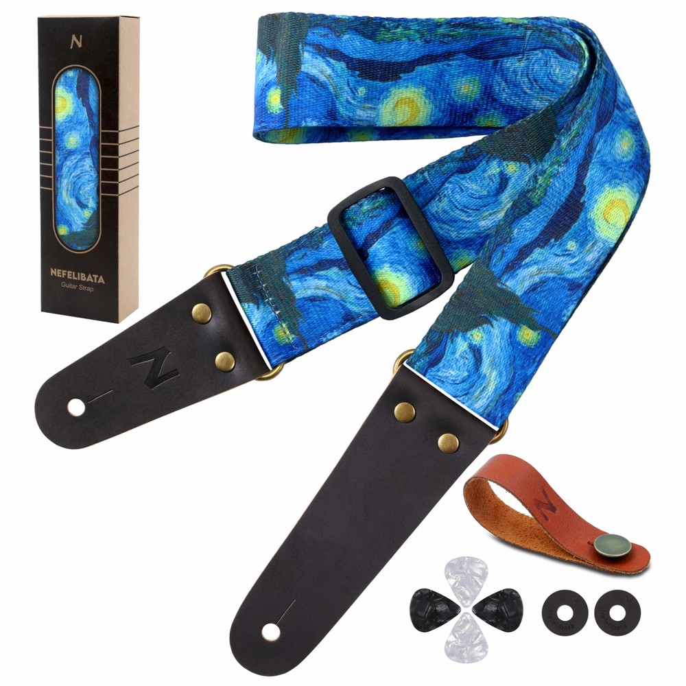 Guitar Strap, Nylon Prints Guitar Straps with Head Cowhide Leather Ends for B...