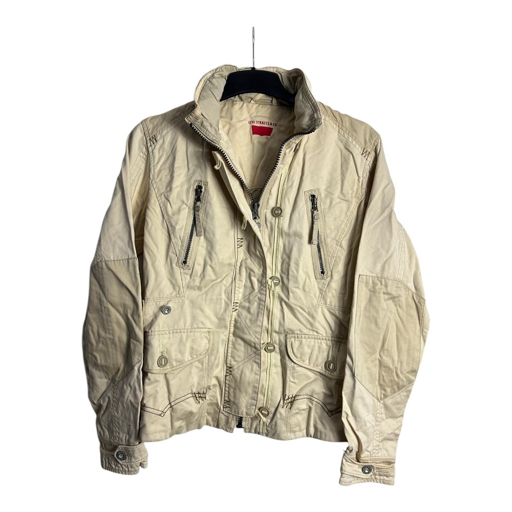 Levis Womens Lightweight Beige Hooded Jacket Size L Full Zip Buttons