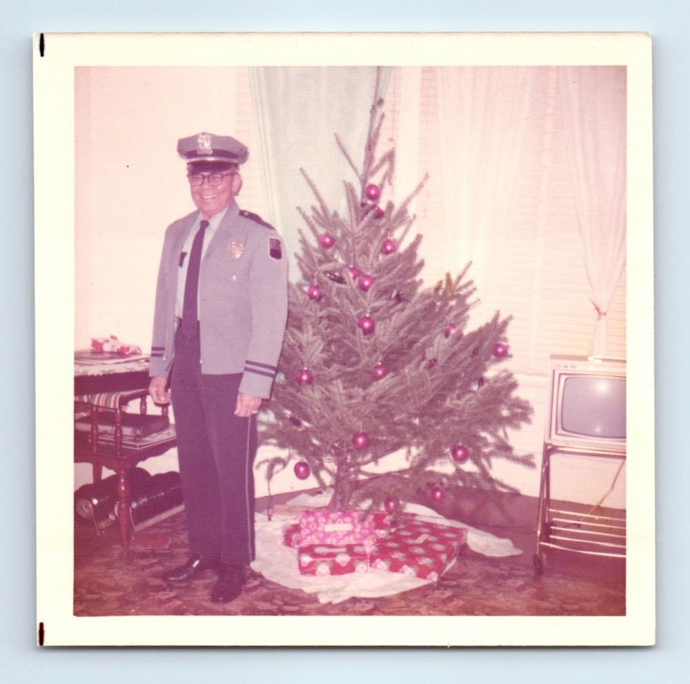 Old Vintage Square Color Photo SOLO MAN IN UNIFORM CHRISTMAS TREE TELEVISION