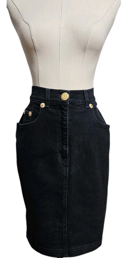 Moschino Vintage Dark Blue Short Denim Pencil Skirt with Gold Buttons S/M /Italy