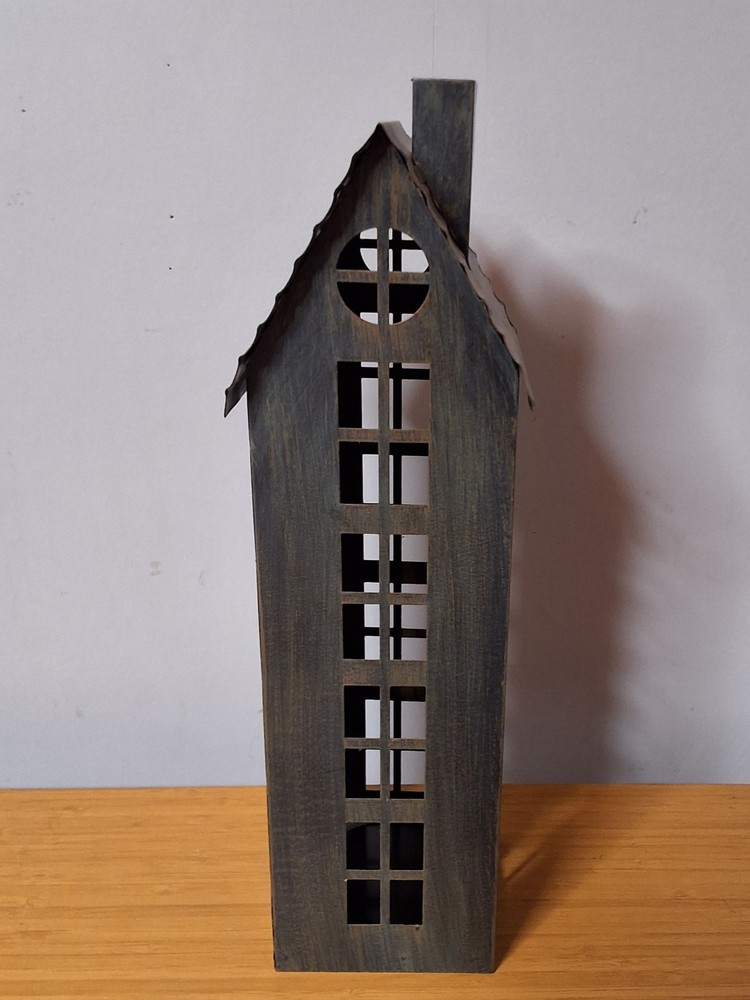 Tall Galvanized Metal House Lantern F9r Votive Or Tealight Candles.