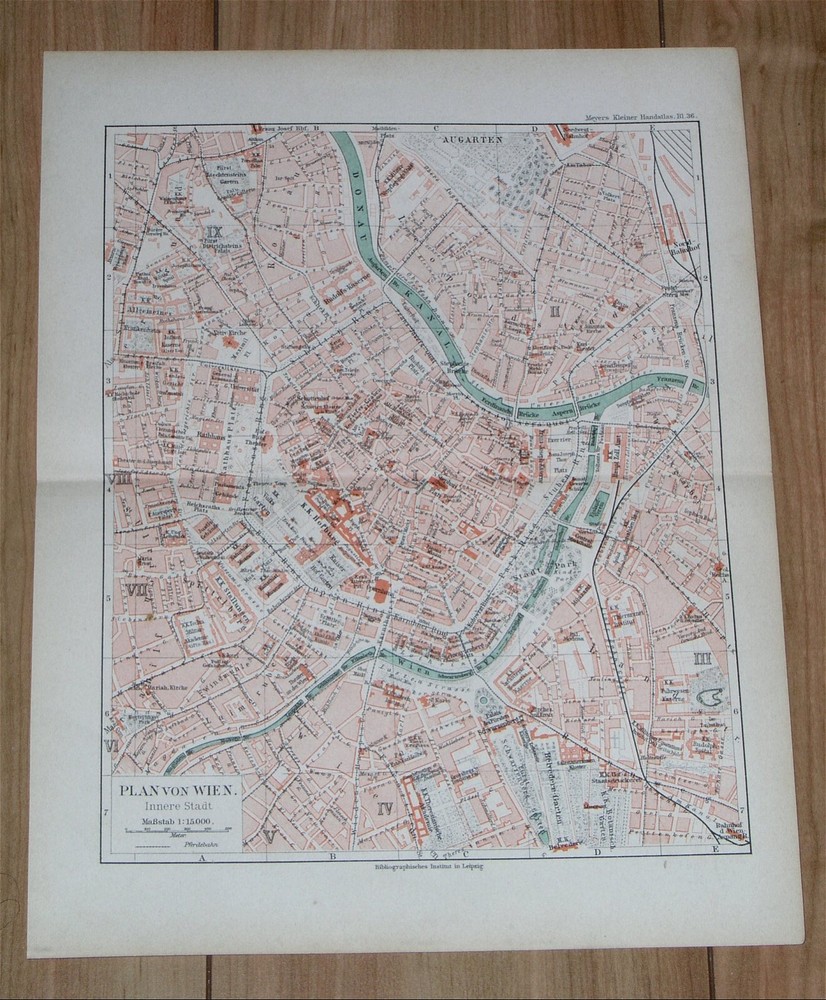 1892 Original Antique City Map Of Vienna Wien Austria With 2 Pages Street Index