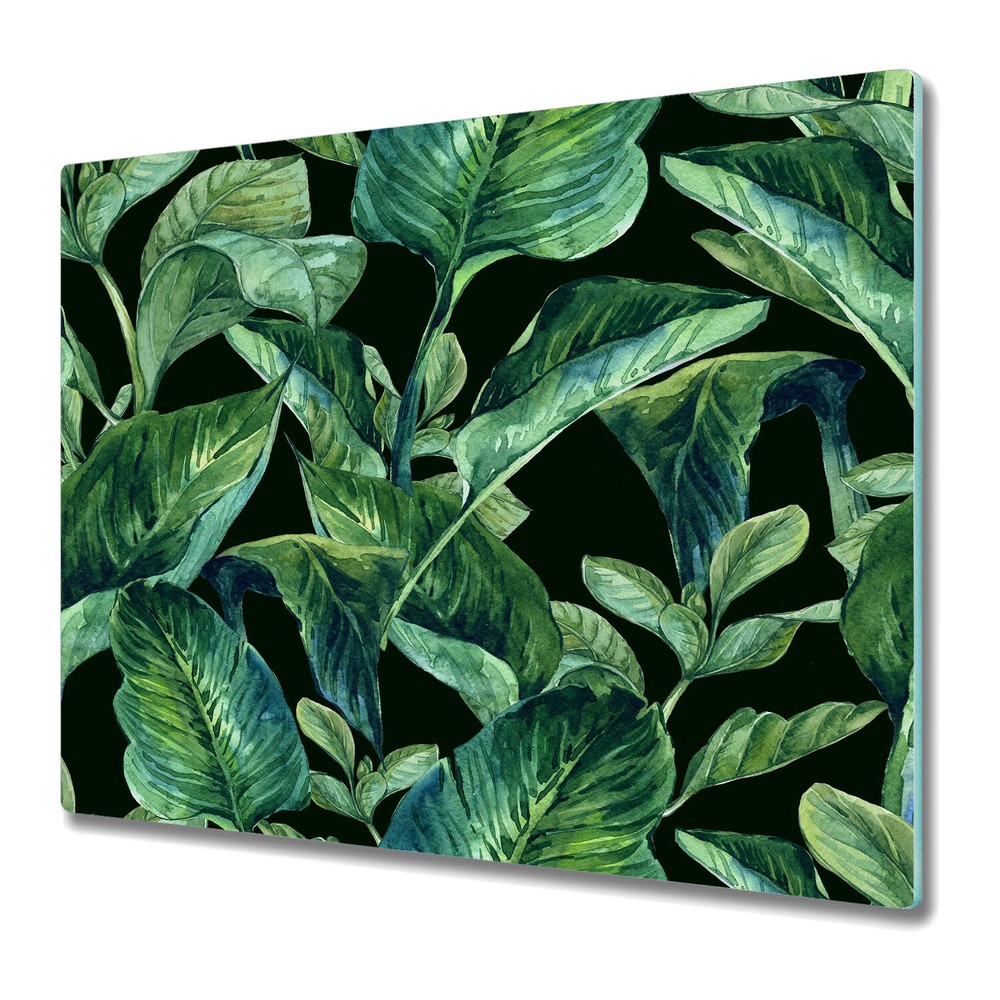 Glass Kitchen Chopping Board tropical leaves green and black large 60x52