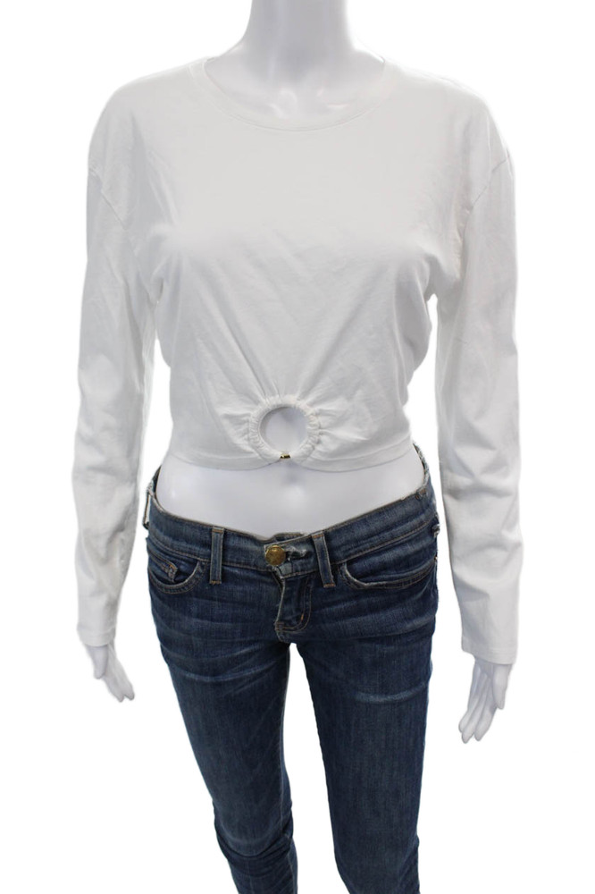 Intermix Womens Cotton Round Neck Long Sleeve Cropped T-Shirt White Size XSFree Shipping in US $100+ Orders | $6.95 Orders Below