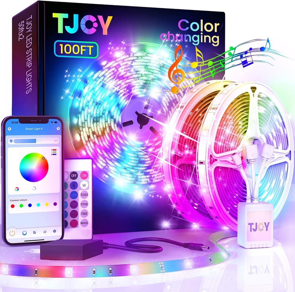 TJOY 100ft Bluetooth LED Strip Lights, Music Sync 100ft, Multi-colored RGB