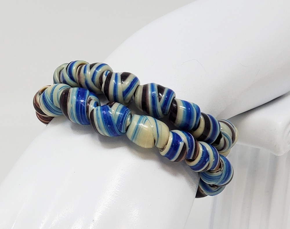 Two Polymer Clay Bead Shell Like Stretch Bracelets - Natural Blue, White, Brown