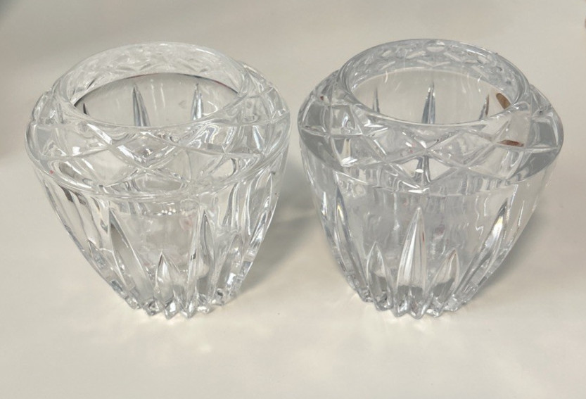Two Heavy Thick Glass Votive/Tealight Candle Holders 3” Tall Vintage