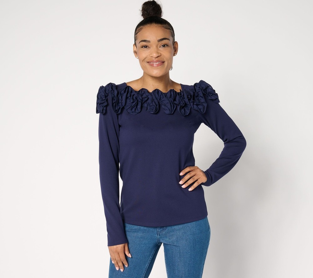BEAUTIFUL by Lawrence Zarian Women's Top Sz XL Silky Ponte Rosette Blue A630468