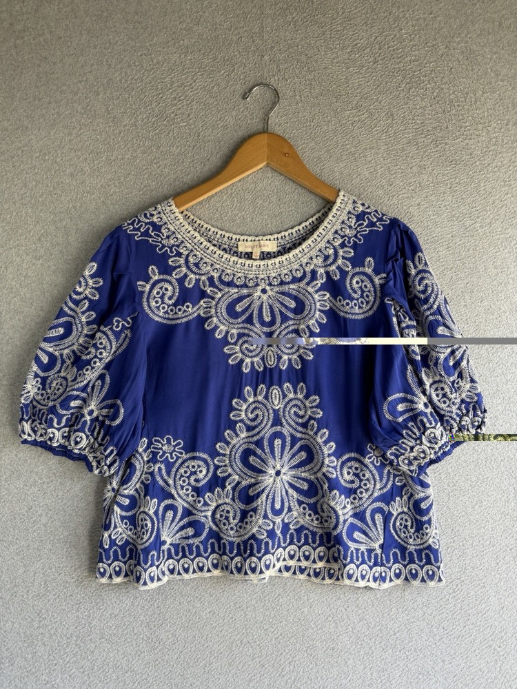 Solitaire Top Large Blue Embroidered Boho Cottagecore Romantic