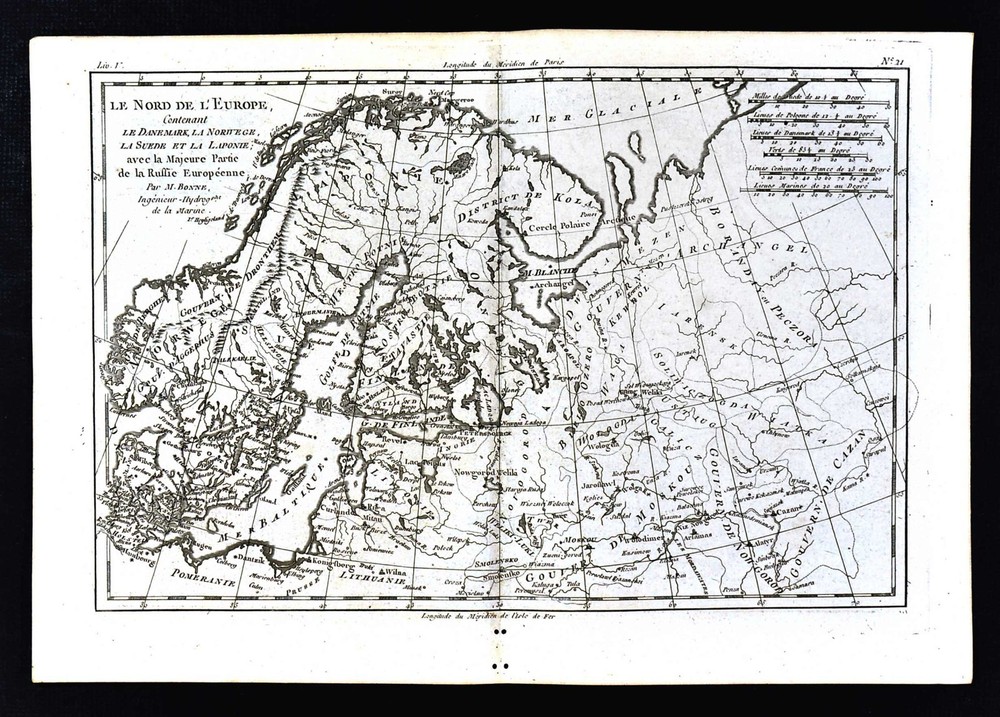 1779 Bonne Map Sweden Norway Denmark Finland Russia Scandinavia Copenhagen Oslo