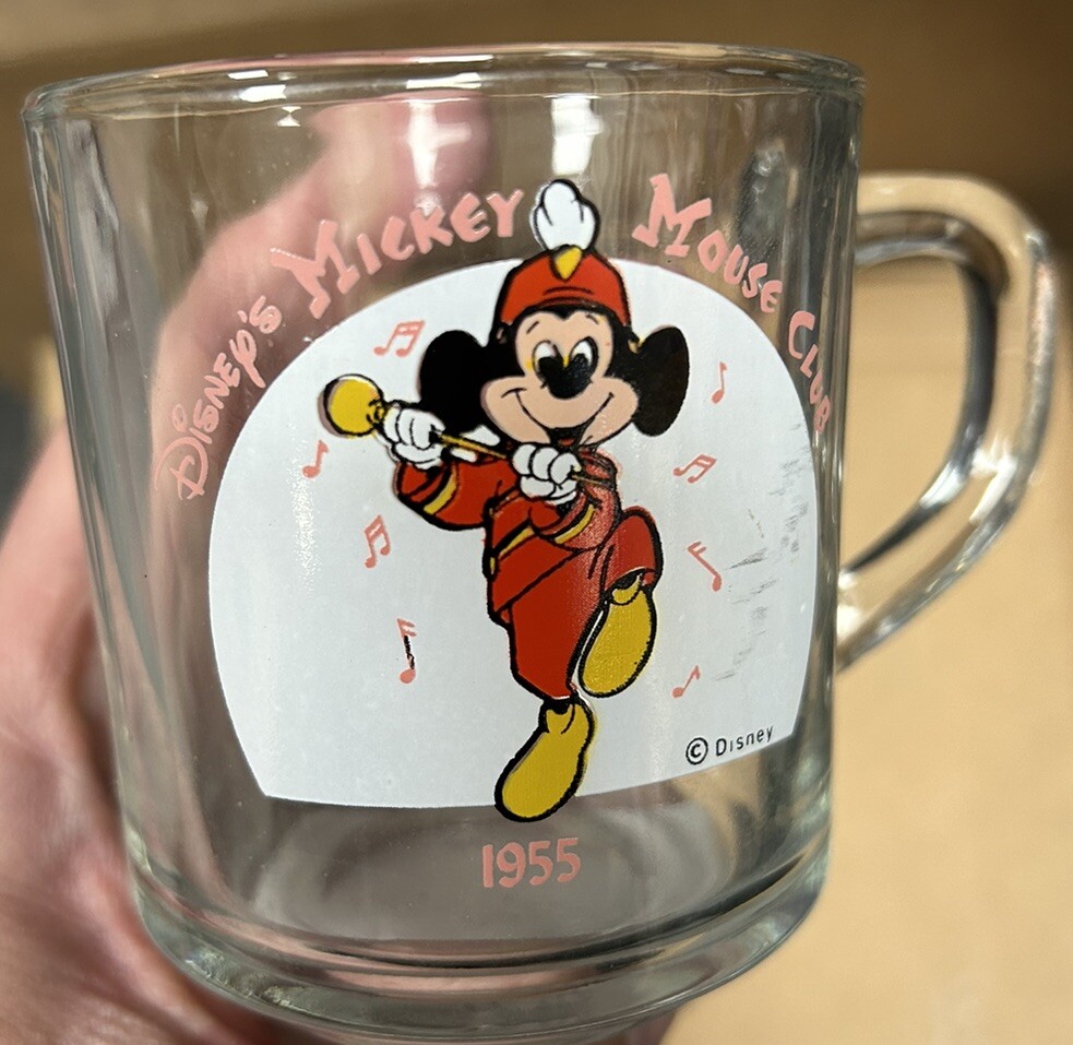 Mickey Mouse Club 1955 Clear Glass Mug Anchor Hocking Vintage Walt Disney