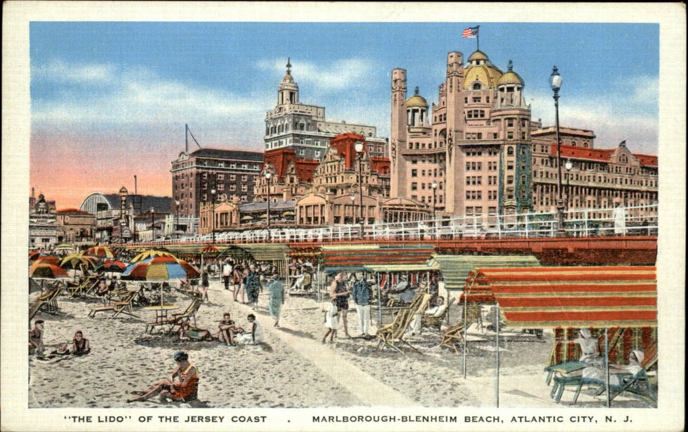 Marlborough Blenheim Beach Atlantic City New Jersey ~ 1930s linen postcard