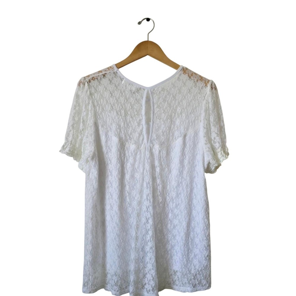 Women Shannon Ford NY XL White Lace Top Short Sleeve Keyhole Back Blouse