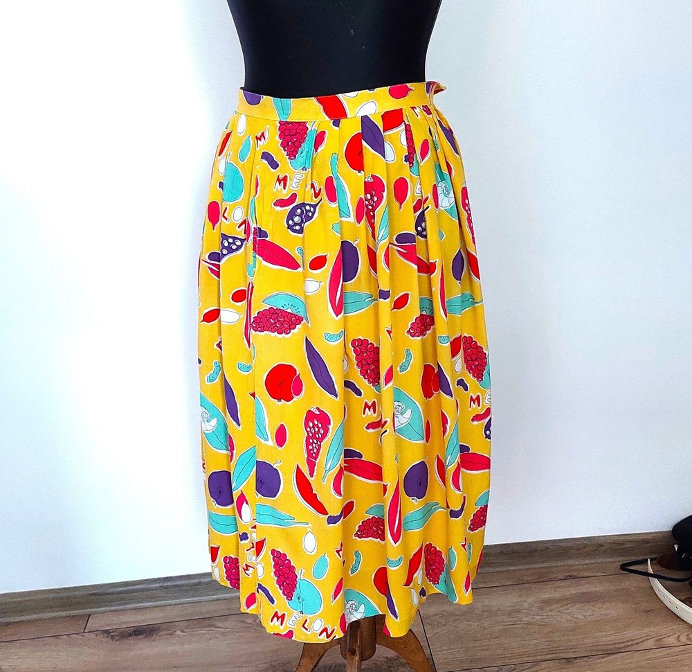 vintage Fun Fruit Vegetable Print Midi Skirt Yellow Pleated Summer Casual Boho
