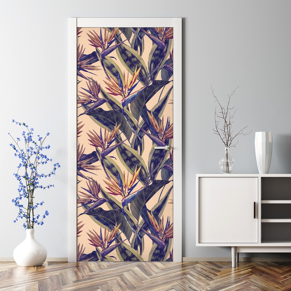 Adhesive Door sticker Watercolour tropical flowers Jungle leaf Hawaiian plants