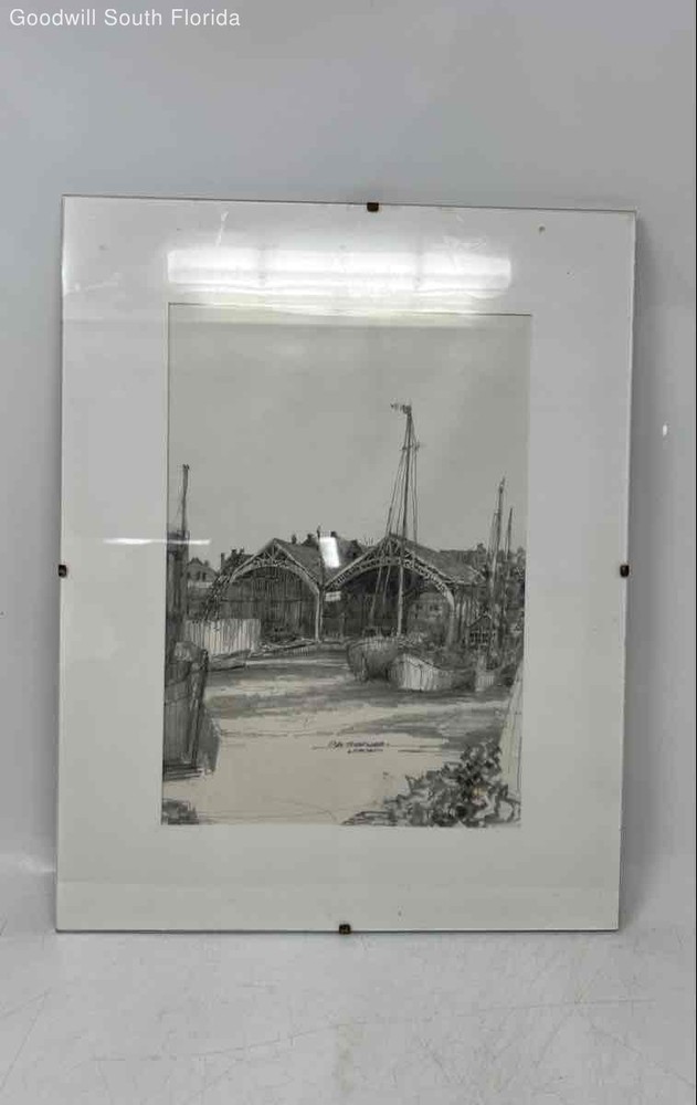 Black White Framed Signed Pencil Sketch Drawing Of Boat Scene Wall Decor Art