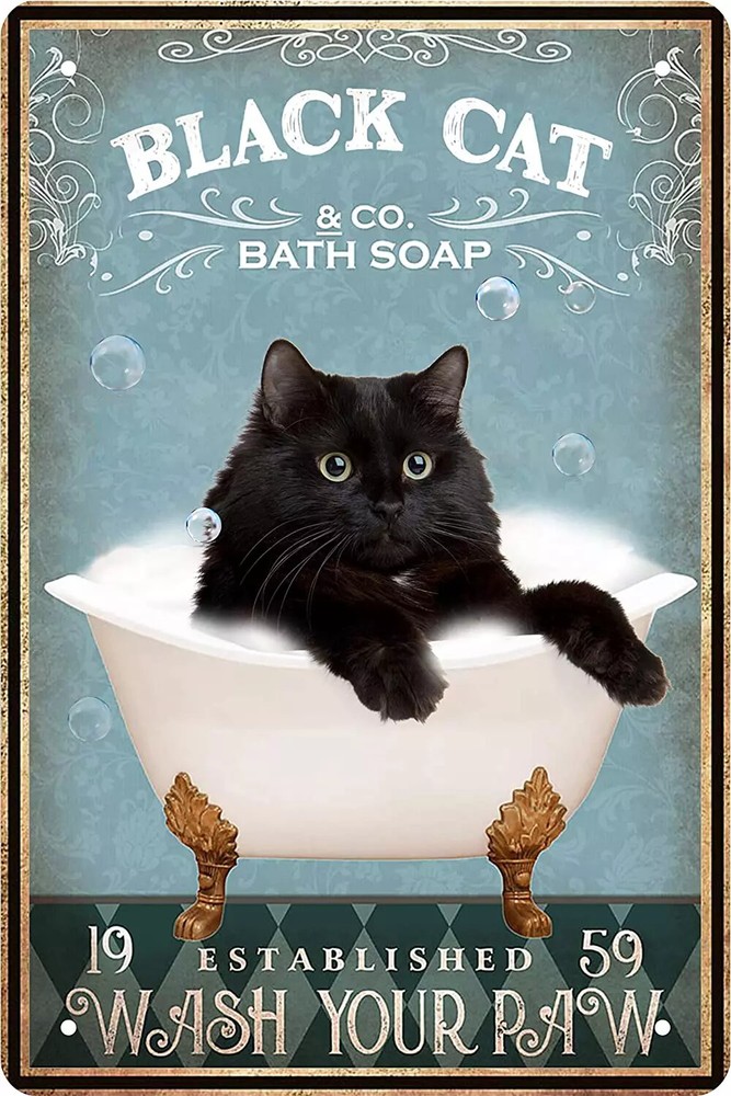 Black Cat Wash Your Paw Metal Poster