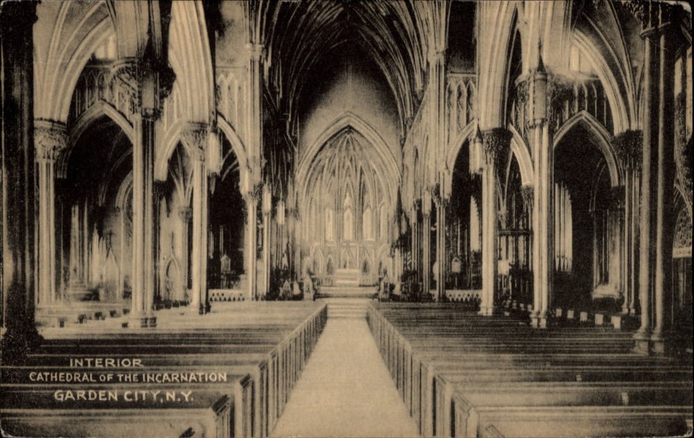 Cathedral of incarnation interior Garden City New York ~ 1949 vintage postcard