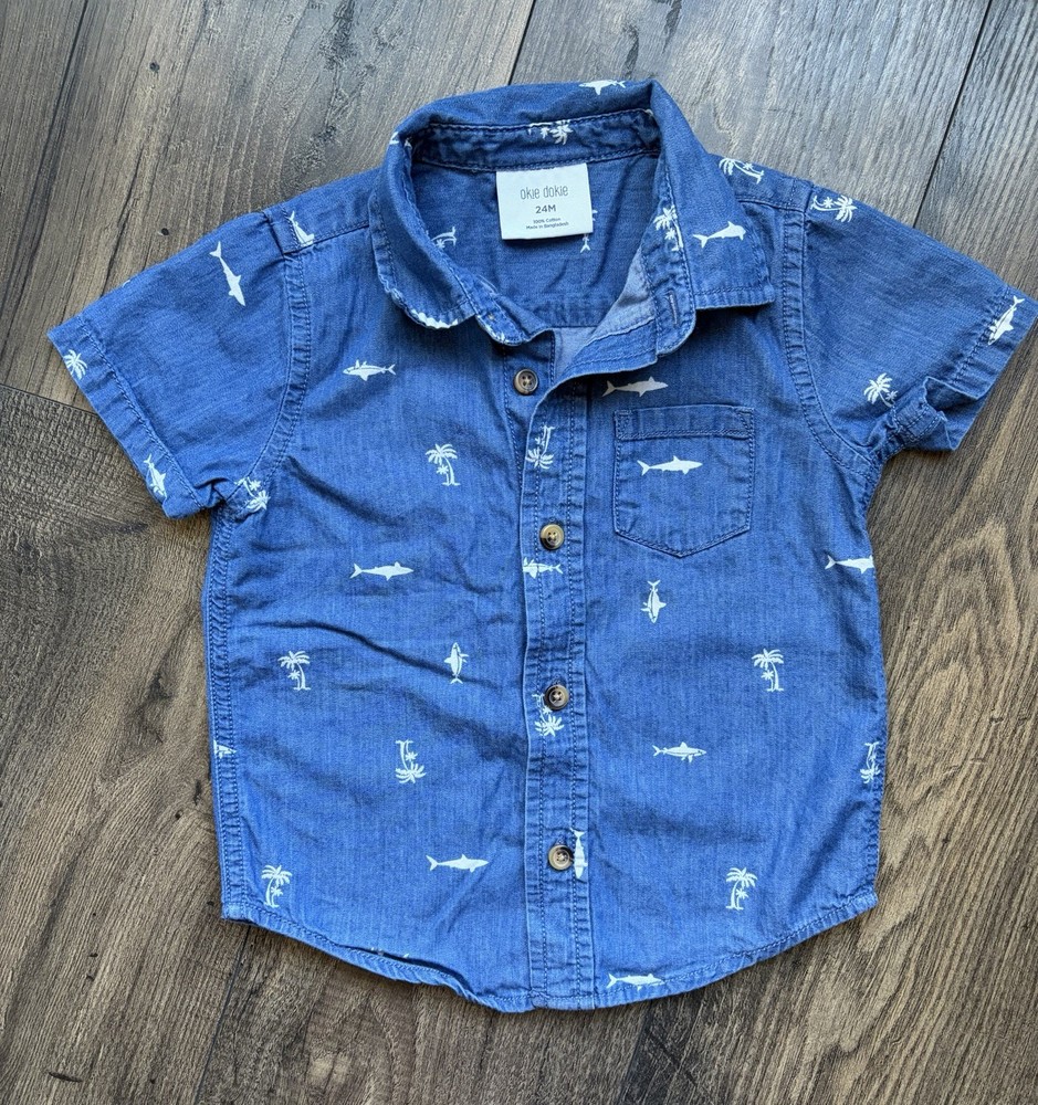 Okie Dokie Toddler Boy Denim Button Up Shirt 24M Shark Palm Tree Nautical EUC