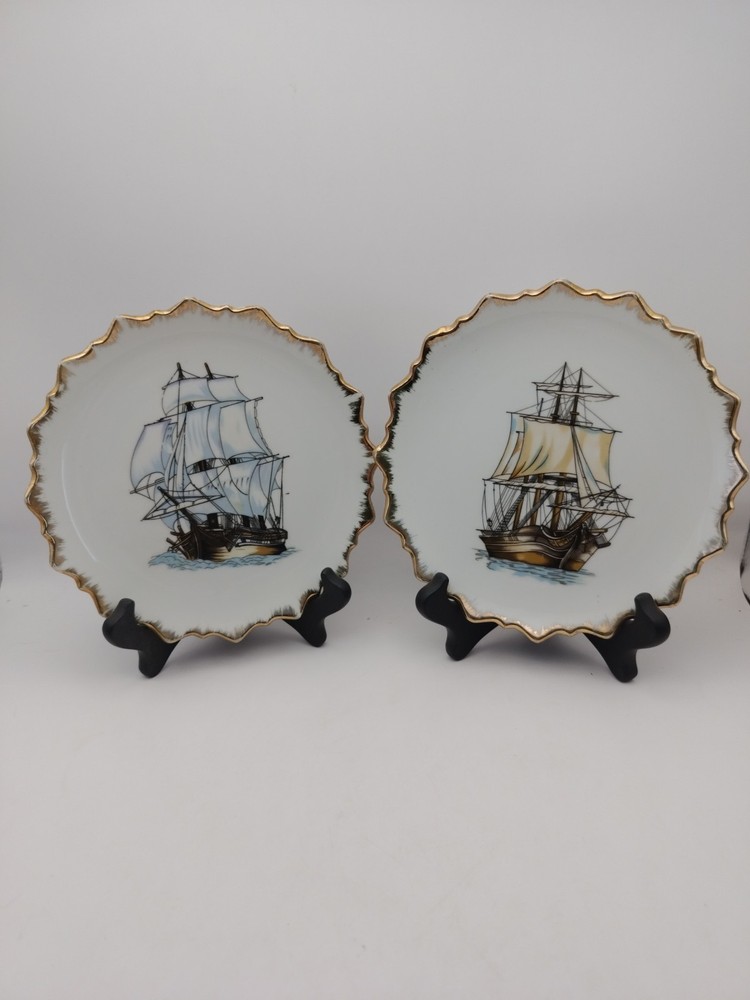 Vintage Japan Porcelain Ship Plates Gold Gilt Scalloped Nautical 7” Set 2